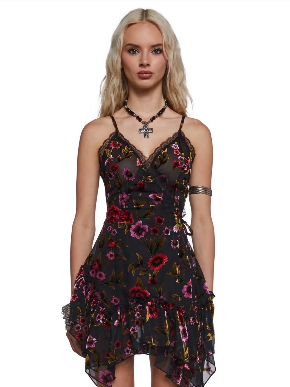Floral Lace-Trim Slip Dress in Black with Pink & Red Flowers boho chic size S